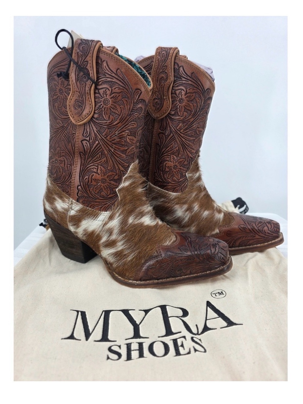 Myra Bag Kelsey Anne Hair-on Hide Hand-tooled Leather Western Boots Brown 6 NWT